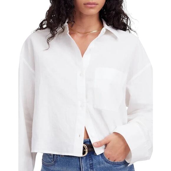 Madewell Linen Cotton Cropped Button-Up Shirt White NWT Size L - Picture 5 of 9